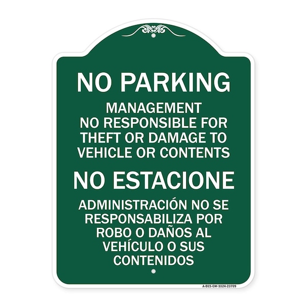 Signmission No Parking Management Not Responsible for Theft or Damage to Vehicle or Contents, GW-1824-23709 A-DES-GW-1824-23709 - main